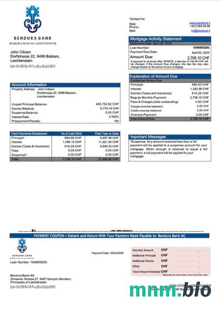 Liechtenstein Bendura Bank AG wyciąg z kredytu hipotecznego szablon Word i PDF